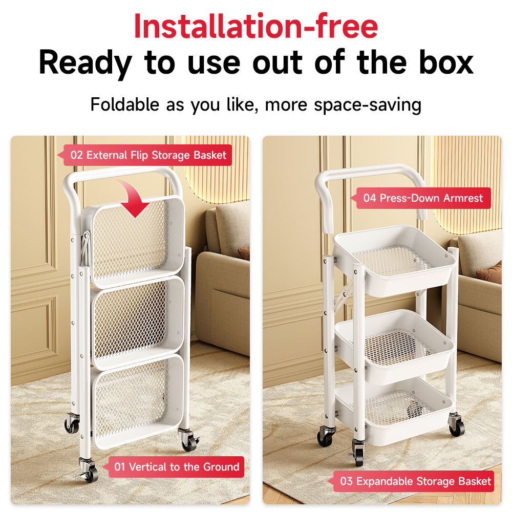 3 Tier Foldable Utility Organizer Multifunction Trolley Cart Rolling Storage Cart With Wheels