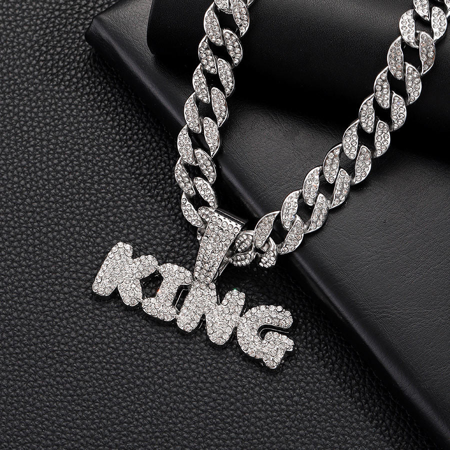 Hotsale Hip Hop Iced Out Big Cuban Chain with Zinc Alloy Hip Hop Full Rhinestone KING Letter Pendant Necklace
