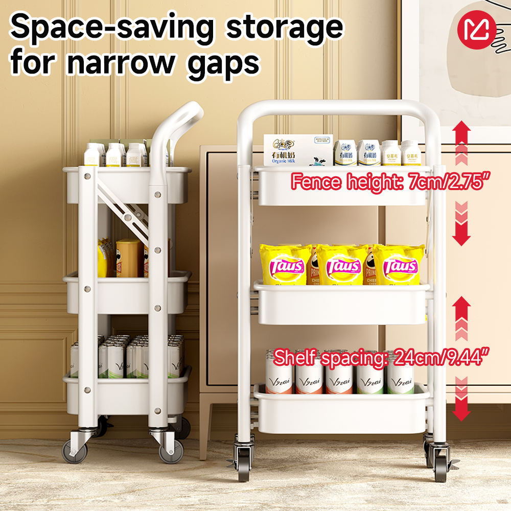 3 Tier Foldable Utility Organizer Multifunction Trolley Cart Rolling Storage Cart With Wheels