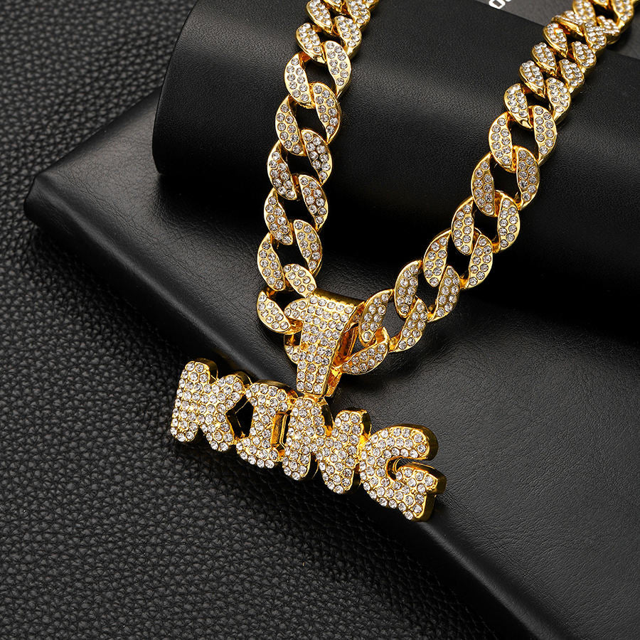 Hotsale Hip Hop Iced Out Big Cuban Chain with Zinc Alloy Hip Hop Full Rhinestone KING Letter Pendant Necklace