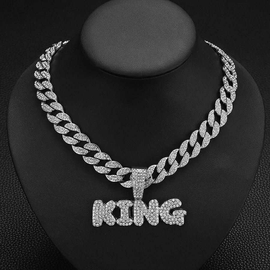 Hotsale Hip Hop Iced Out Big Cuban Chain with Zinc Alloy Hip Hop Full Rhinestone KING Letter Pendant Necklace