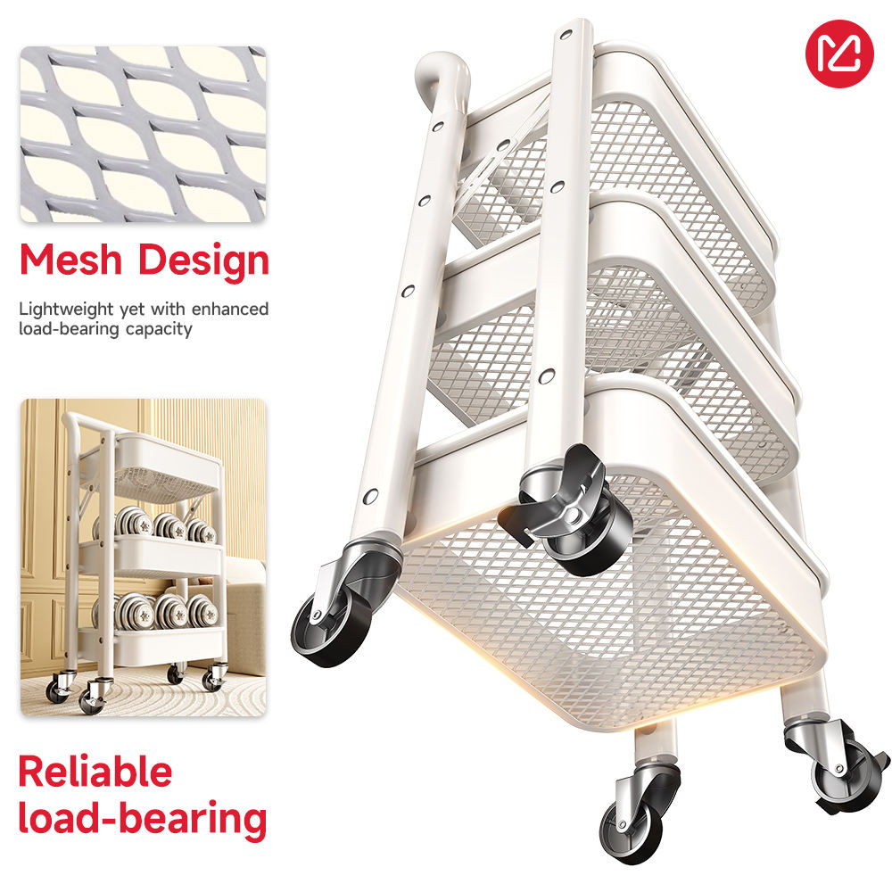 3 Tier Foldable Utility Organizer Multifunction Trolley Cart Rolling Storage Cart With Wheels