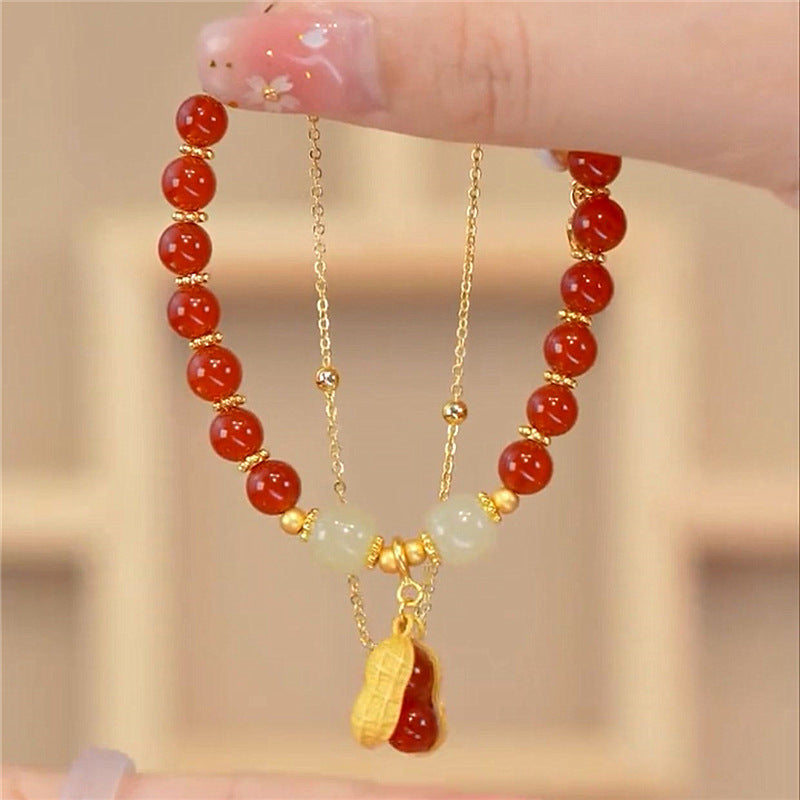 Luxury Exquisite Beaded Bracelet for Women Girls Retro Hotan Jade Peanut Pendant Gold-Plated Cute Style Lucky Accessory