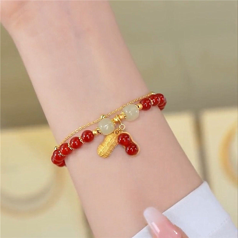 Luxury Exquisite Beaded Bracelet for Women Girls Retro Hotan Jade Peanut Pendant Gold-Plated Cute Style Lucky Accessory