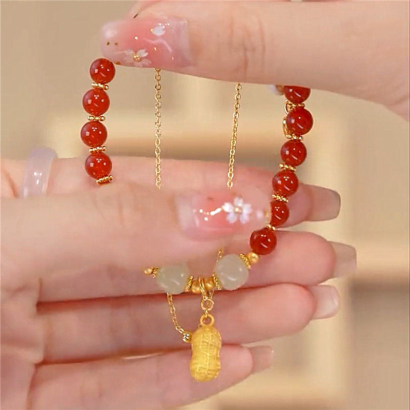 Luxury Exquisite Beaded Bracelet for Women Girls Retro Hotan Jade Peanut Pendant Gold-Plated Cute Style Lucky Accessory