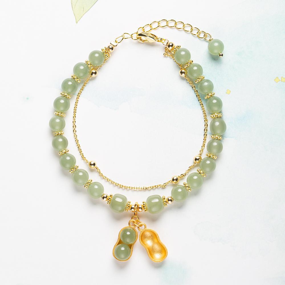 Luxury Exquisite Beaded Bracelet for Women Girls Retro Hotan Jade Peanut Pendant Gold-Plated Cute Style Lucky Accessory