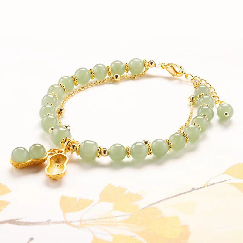 Luxury Exquisite Beaded Bracelet for Women Girls Retro Hotan Jade Peanut Pendant Gold-Plated Cute Style Lucky Accessory
