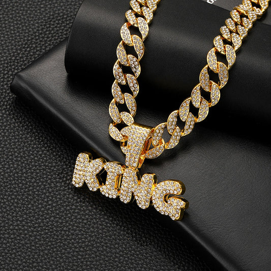 Hotsale Hip Hop   Iced Out  Big Cuban Chain with Zinc Alloy Hip Hop Full Rhinestone KING Letter Pendant Necklace