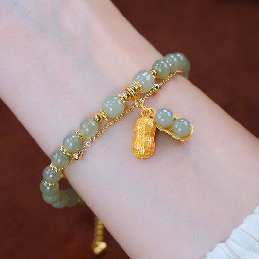 Luxury Exquisite Beaded Bracelet for Women Girls Retro Hotan Jade Peanut Pendant Gold-Plated Cute Style Lucky Accessory